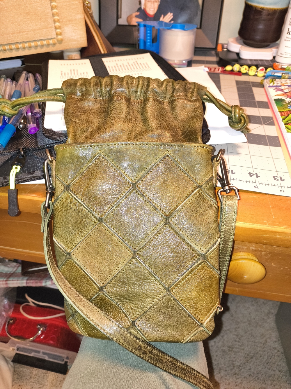 latico Olive Green Woven Leather Drawstring Crossbody
